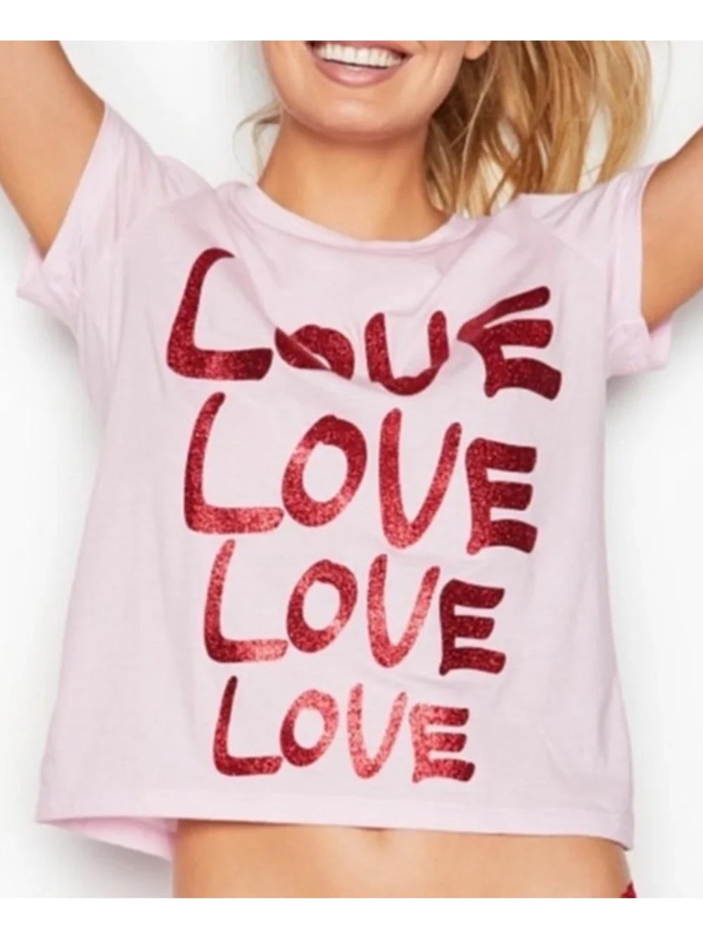 Victoria's Secret Pink Short Sleeve Tee with Red Glitter 'LOVE' Graphic